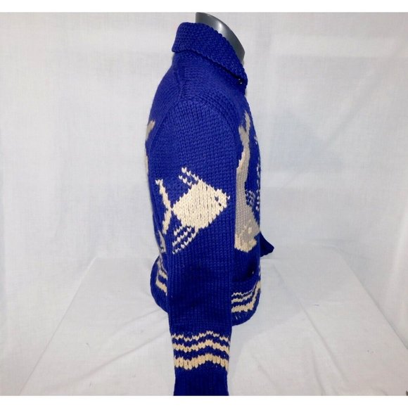 Vintage 50s 60s Cowichan cardigan Blue Whale Fish Wool Full Zip Sweater Jacket M - Picture 9 of 11